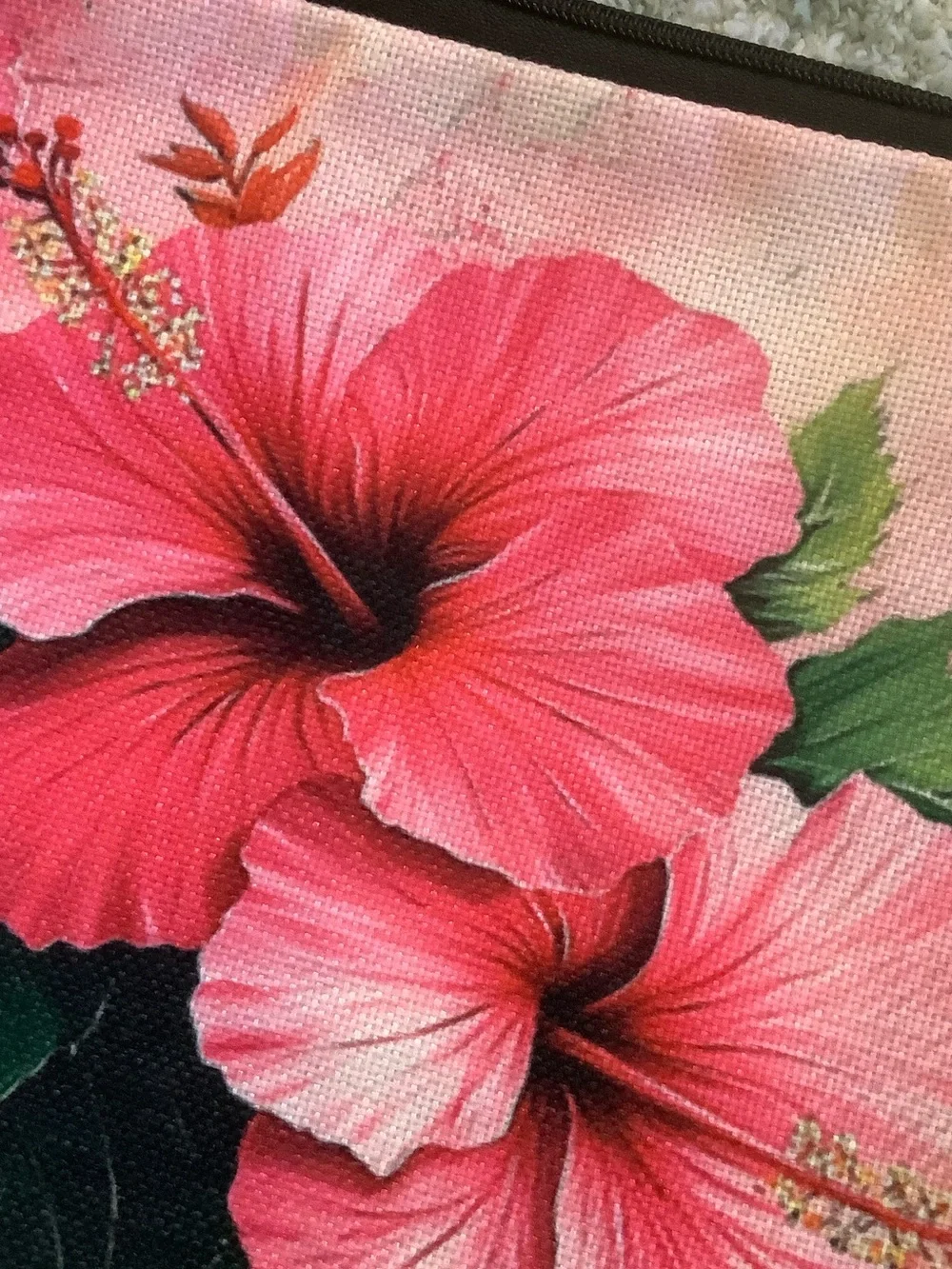Hot Pink Tropical Floral Cosmetic Bag Canvas Pouch with Hibiscus Print NWT 10x7.